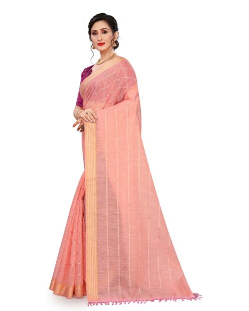 Women's Cotton Saree With Blouse (Pink, 5-6Mtrs) - Image 3