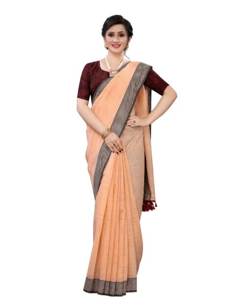 Women’s Soft Cotton Saree With Blouse (Orange, 5-6Mtrs)