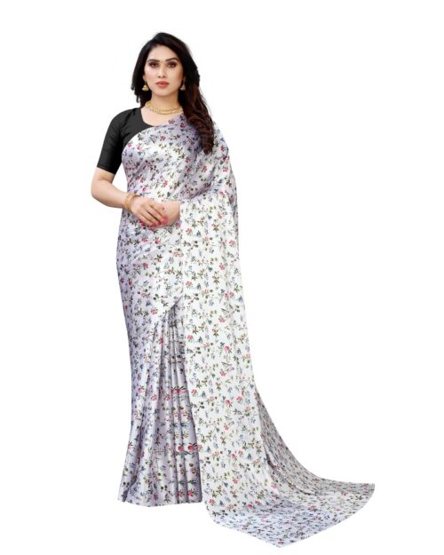 Women’s Soft Japan Satin Saree With Blouse (White, 5-6Mtrs)