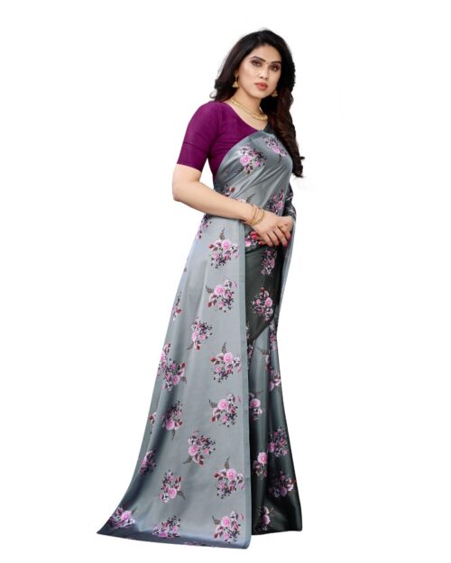 Women's Soft Japan Satin Saree With Blouse (Dark Grey, 5-6Mtrs) - Image 3