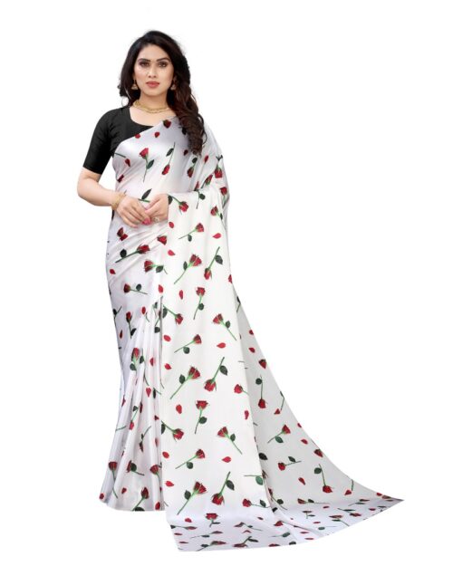 Women’s Soft Japan Satin Saree With Blouse (White, 5-6Mtrs)