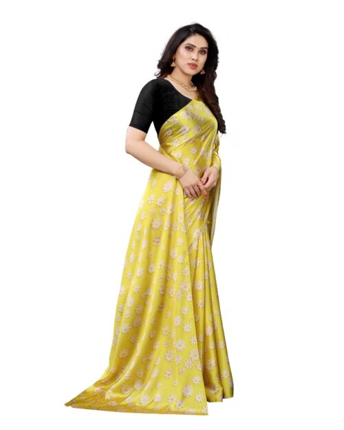 Women's Soft Japan Satin Saree With Blouse (Yellow, 5-6Mtrs) - Image 3