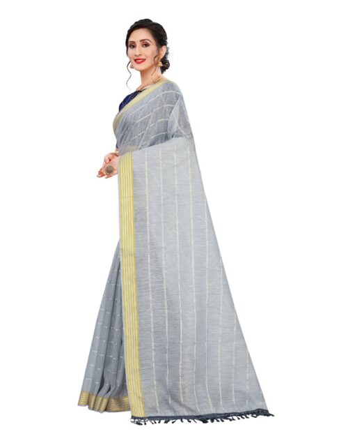 Women's Cotton Saree With Blouse (Grey, 5-6Mtrs) - Image 3