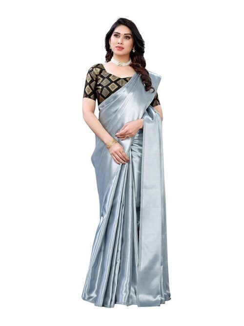 Women's Satin Saree With Blouse (Grey, 5-6mtrs) - Image 3