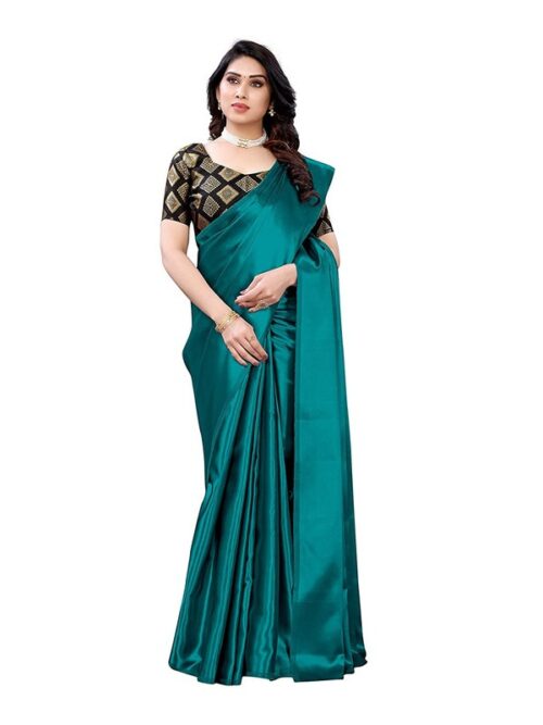 Women's Satin Saree With Blouse (Teal, 5-6mtrs) - Image 4