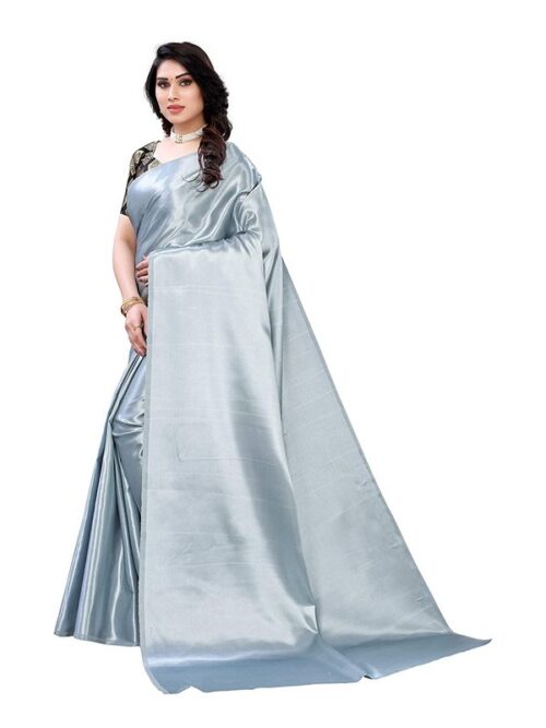 Women's Satin Saree With Blouse (Grey, 5-6mtrs) - Image 4