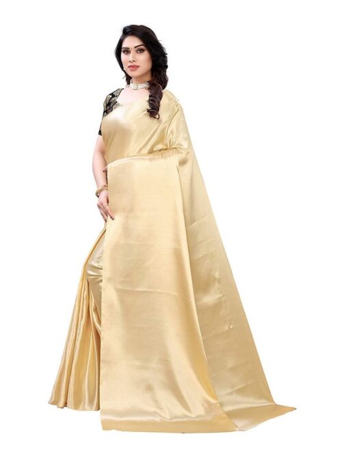 Women's Satin Saree With Blouse (Chiku, 5-6mtrs) - Image 3