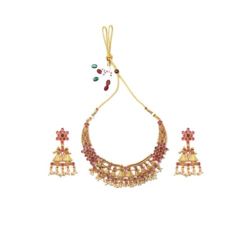 Women’s Temple Elegance Gold Plated Necklace and Earrings Set (Red, Free Size)