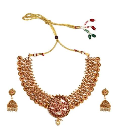 Women’s Gold Plated Temple Necklace and Earrings Set (Red, Free Size)