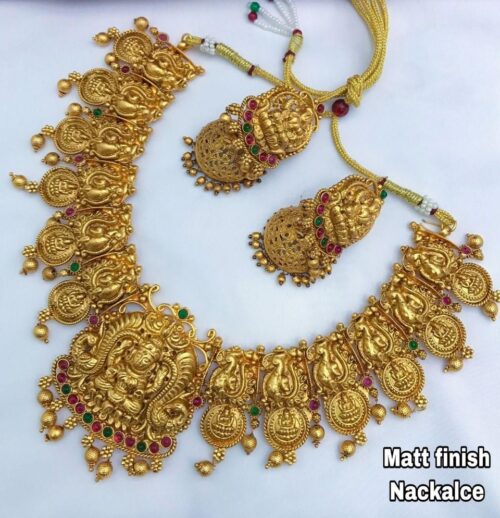 Women’s Temple Necklace and Earrings Set in Gold Plating (Multi Color, Free Size)