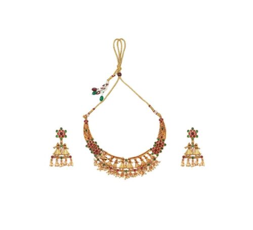 Women’s Temple Elegance Gold Plated Necklace and Earrings Set (Multi Color, Free Size)