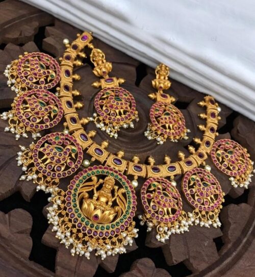 Women’s Goddess Glamour Gold Plated Temple Necklace and Jhumka Set (Multi Color, Free Size)