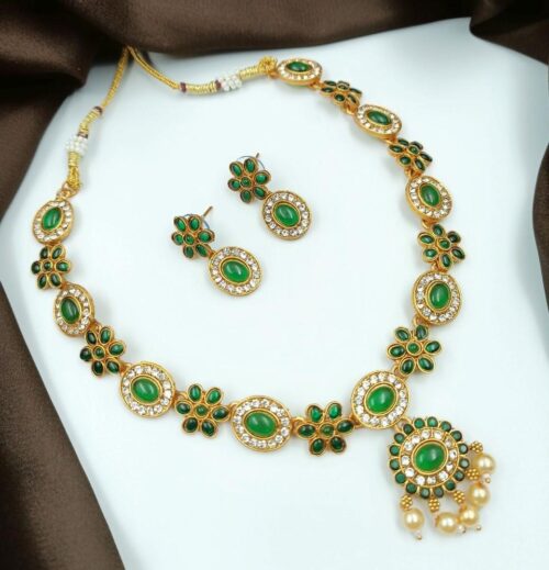 Women’s Temple Elegance Gold Plated Necklace and Earrings Set (Green, Free Size)