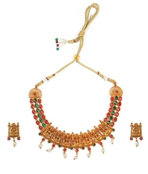 Women’s Temple Necklace and Earrings Set in Gold Plating (Multi Color, Free Size)