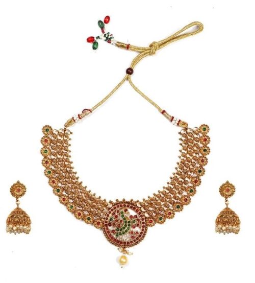 Women’s Gold Plated Necklace and Earrings Set with Meenakari Work (Multi Color, Free Size)