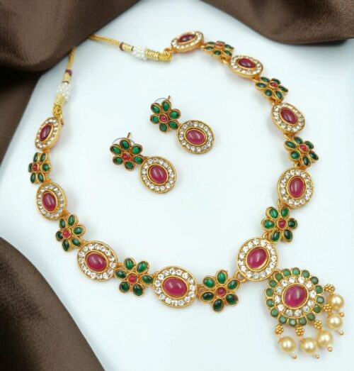 Women’s Temple Elegance Gold Plated Necklace and Earrings Set (Multi Color, Free Size)