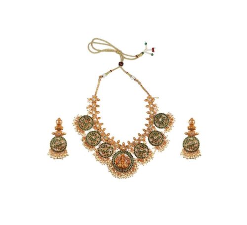 Women’s Goddess Glamour Gold Plated Temple Necklace and Jhumka Set (Green, Free Size)