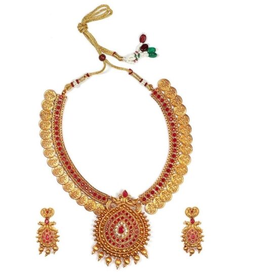 Women’s Gold Plated Temple Necklace and Earrings Set with Pearls (Red, Free Size)