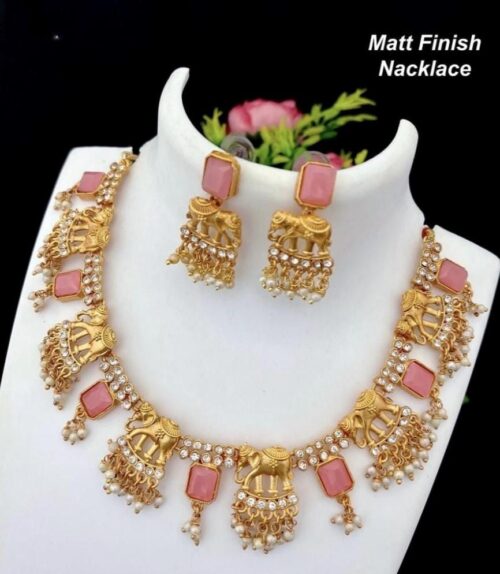 Women’s Gold Plated Temple Necklace and Necklace and Earrings Set (Pink, Free Size)