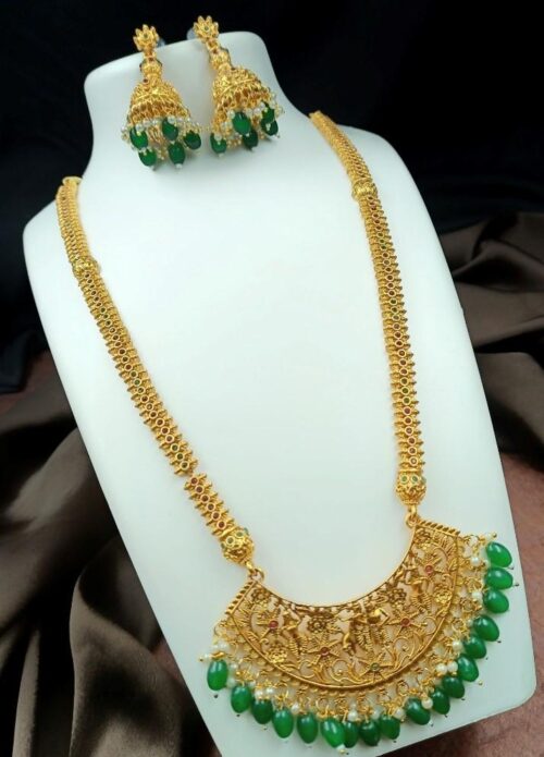 Women’s Gold Plated Temple Necklace and Earrings Set (Green, Free Size)