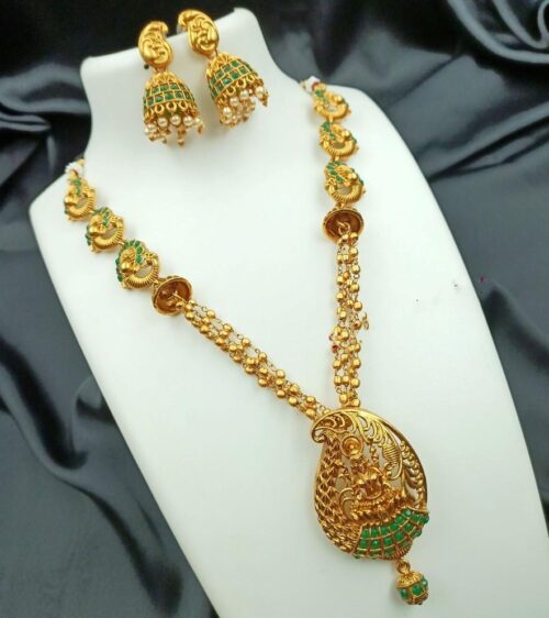 Women’s Traditional Temple Necklace and Earrings Set in Gold (Green, Free Size)