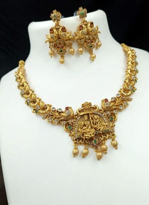 Women’s Gold Plated Temple Necklace and Earrings Set (Multi Color, Free Size)