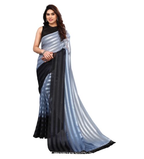 Women’s Embellished Striped Bollywood Satin Saree With Blouse (Light Blue, Black)