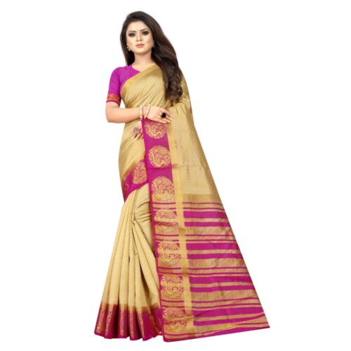 Women’s Kanjivaram Silk Saree With Unstitched Blouse Piece (Beige, 5-6 Mtrs)