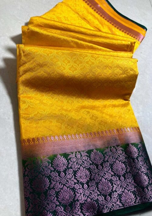 Women’s Kanjivaram Silk Saree With Unstitched Blouse Piece (Yellow, 5-6 Mtrs)