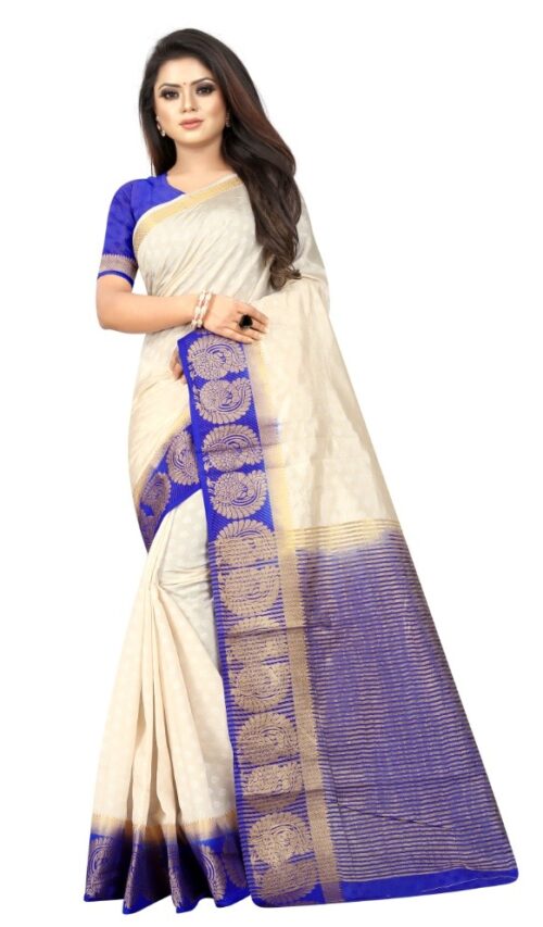 Women’s Kanjivaram Silk Saree With Unstitched Blouse Piece (White, 5-6 Mtrs)