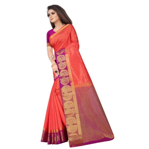 Women's Kanjivaram Silk Saree With Unstitched Blouse Piece (Peach, 5-6 Mtrs) - Image 5