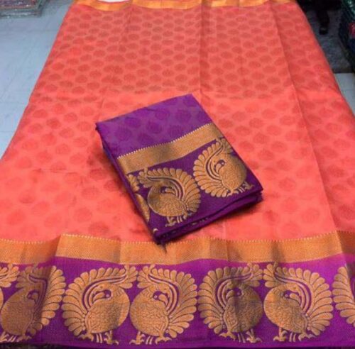 Women’s Kanjivaram Silk Saree With Unstitched Blouse Piece (Peach, 5-6 Mtrs)