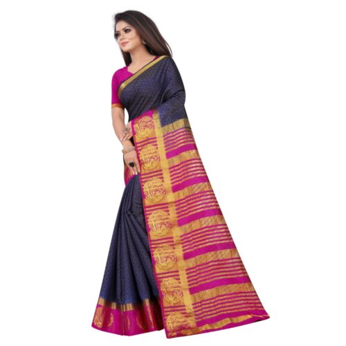 Women's Kanjivaram Silk Saree With Unstitched Blouse Piece (Navy Blue, 5-6 Mtrs) - Image 5