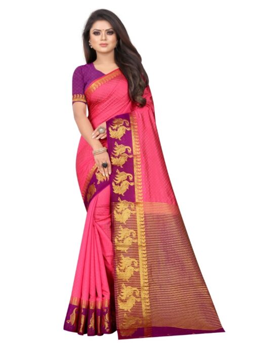 Women’s Kanjivaram Silk Saree With Unstitched Blouse Piece (Peach, 5-6 Mtrs)