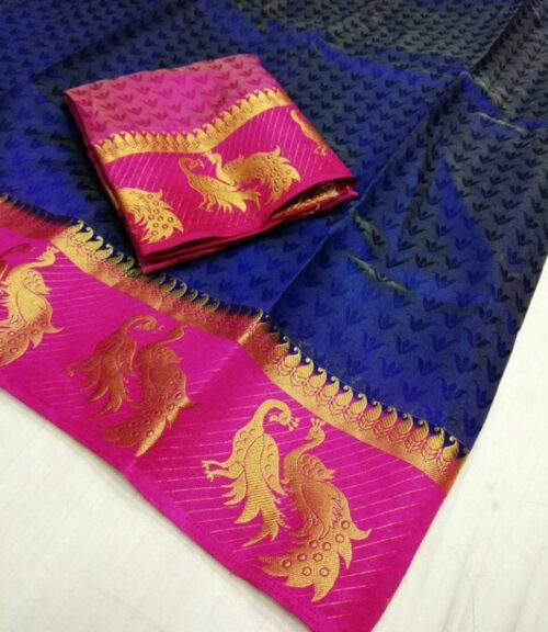 Women’s Kanjivaram Silk Saree With Unstitched Blouse Piece (Navy Blue, 5-6 Mtrs)