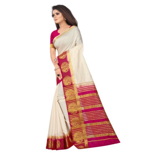 Women's Kanjivaram Silk Saree With Unstitched Blouse Piece (White, 5-6 Mtrs) - Image 5