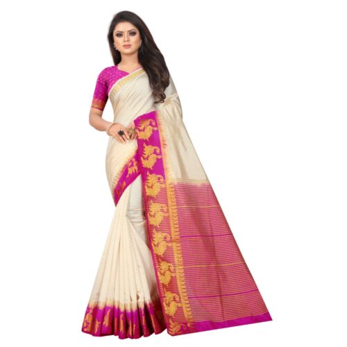 Women’s Kanjivaram Silk Saree With Unstitched Blouse Piece (White, 5-6 Mtrs)