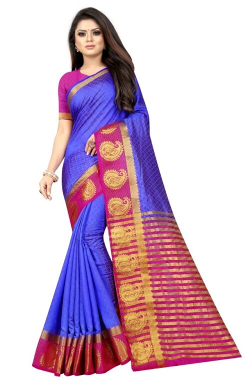 Women’s Kanjivaram Silk Saree With Unstitched Blouse Piece (Blue, 5-6 Mtrs)