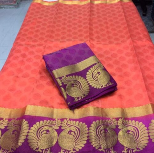 Women’s Kanjivaram Silk Saree With Unstitched Blouse Piece (Peach, 5-6 Mtrs)