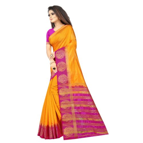 Women's Kanjivaram Silk Saree With Unstitched Blouse Piece (Yellow, 5-6 Mtrs) - Image 5