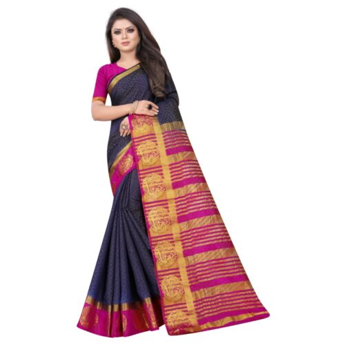 Women’s Kanjivaram Silk Saree With Unstitched Blouse Piece (Navy Blue, 5-6 Mtrs)