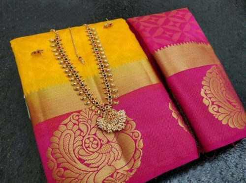 Women’s Kanjivaram Silk Saree With Unstitched Blouse Piece (Yellow, 5-6 Mtrs)