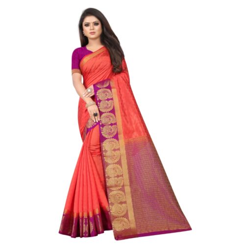 Women’s Kanjivaram Silk Saree With Unstitched Blouse Piece (Peach, 5-6 Mtrs)