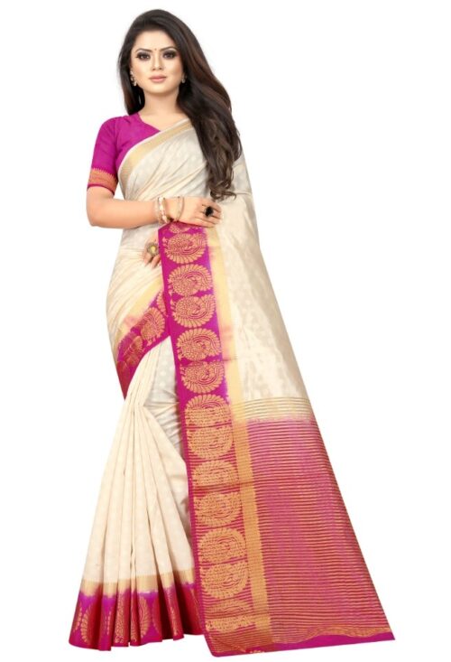 Women’s Kanjivaram Silk Saree With Unstitched Blouse Piece (White, 5-6 Mtrs)