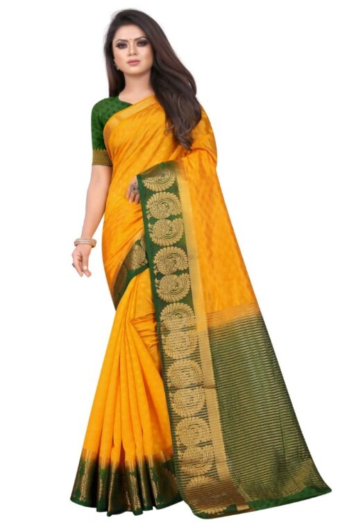 Women’s Kanjivaram Silk Saree With Unstitched Blouse Piece (Yellow, 5-6 Mtrs)