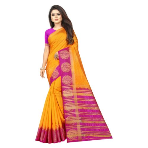 Women’s Kanjivaram Silk Saree With Unstitched Blouse Piece (Yellow, 5-6 Mtrs)