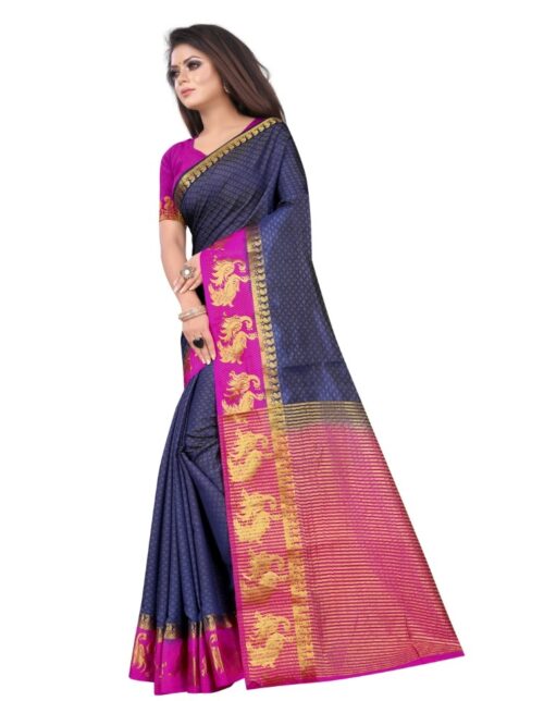 Women's Kanjivaram Silk Saree With Unstitched Blouse Piece (Navy Blue, 5-6 Mtrs) - Image 5