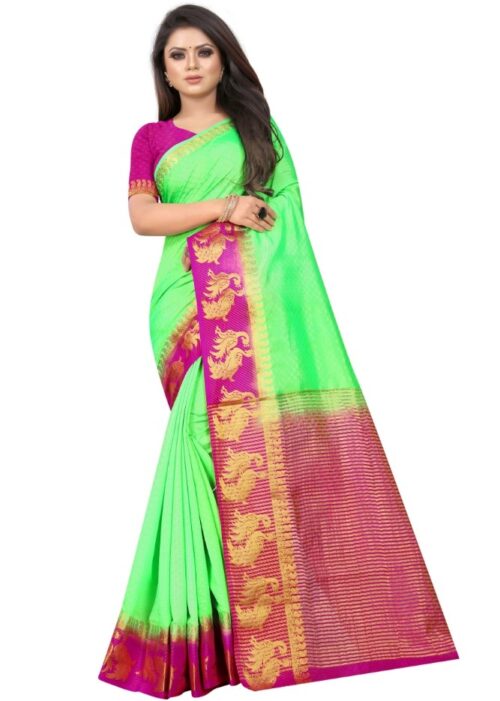 Women’s Kanjivaram Silk Saree With Unstitched Blouse Piece (Light Green, 5-6 Mtrs)