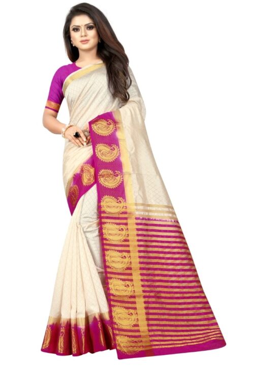 Women’s Kanjivaram Silk Saree With Unstitched Blouse Piece (White, 5-6 Mtrs)