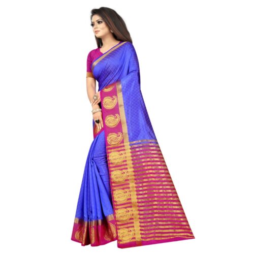 Women's Kanjivaram Silk Saree With Unstitched Blouse Piece (Blue, 5-6 Mtrs) - Image 4